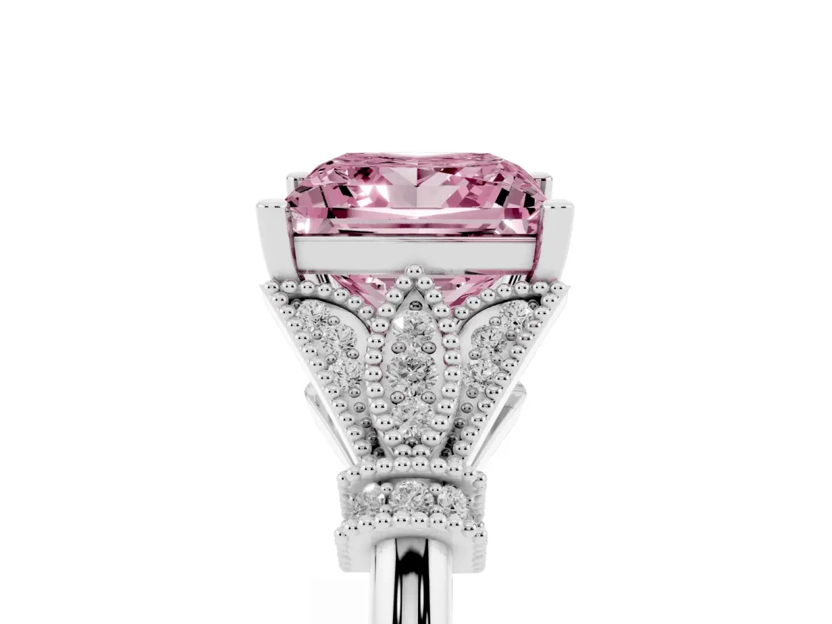 Fancy Pink Princess Cut Diamond Solitaire Ring with Floral Filigree and Pave Accents White gold
