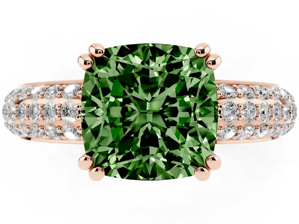 Fancy Green Cushion Cut Diamond Solitaire Ring with Multi-Row Round Pavé Band and Prong Setting Rose gold