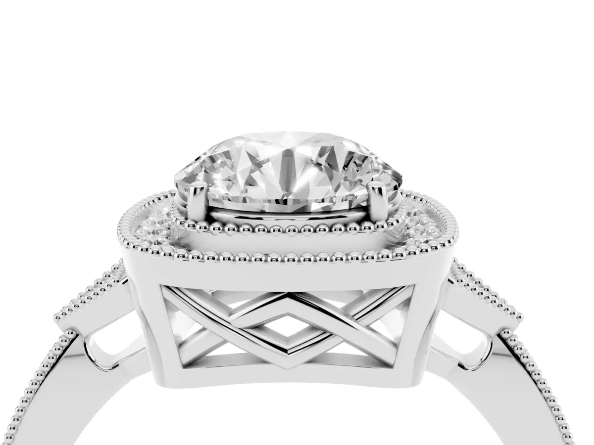 Round Cut Halo Round Diamond Milgrain Pave Engagement Ring Silver