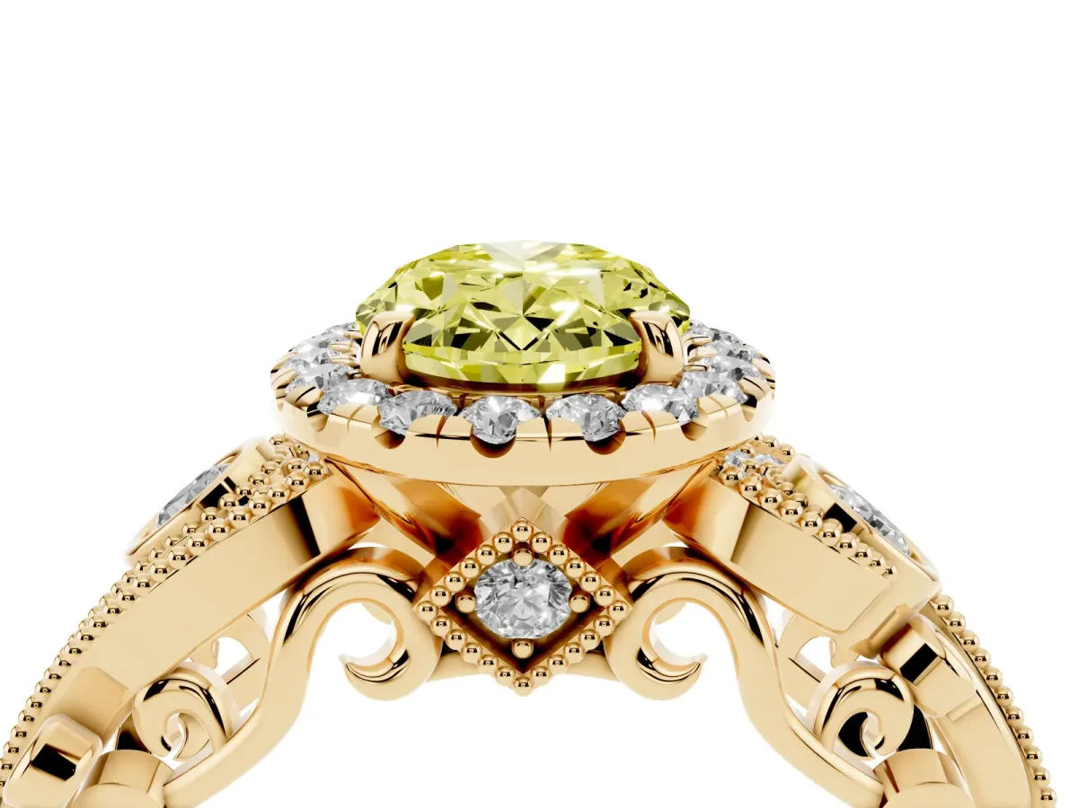 Fancy Yellow Oval Cut Halo Diamond Ring with Milgrain and Bezel Accents on a Split Shank Band Yellow gold