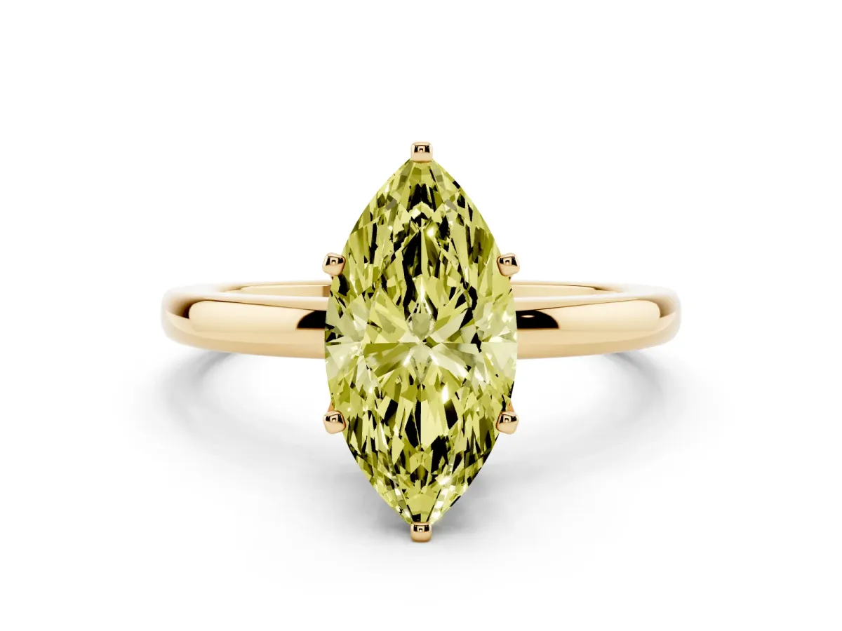 Fancy Yellow Marquise Cut Solitaire Diamond Ring with Six-Prong Setting on a Classic Band Yellow gold