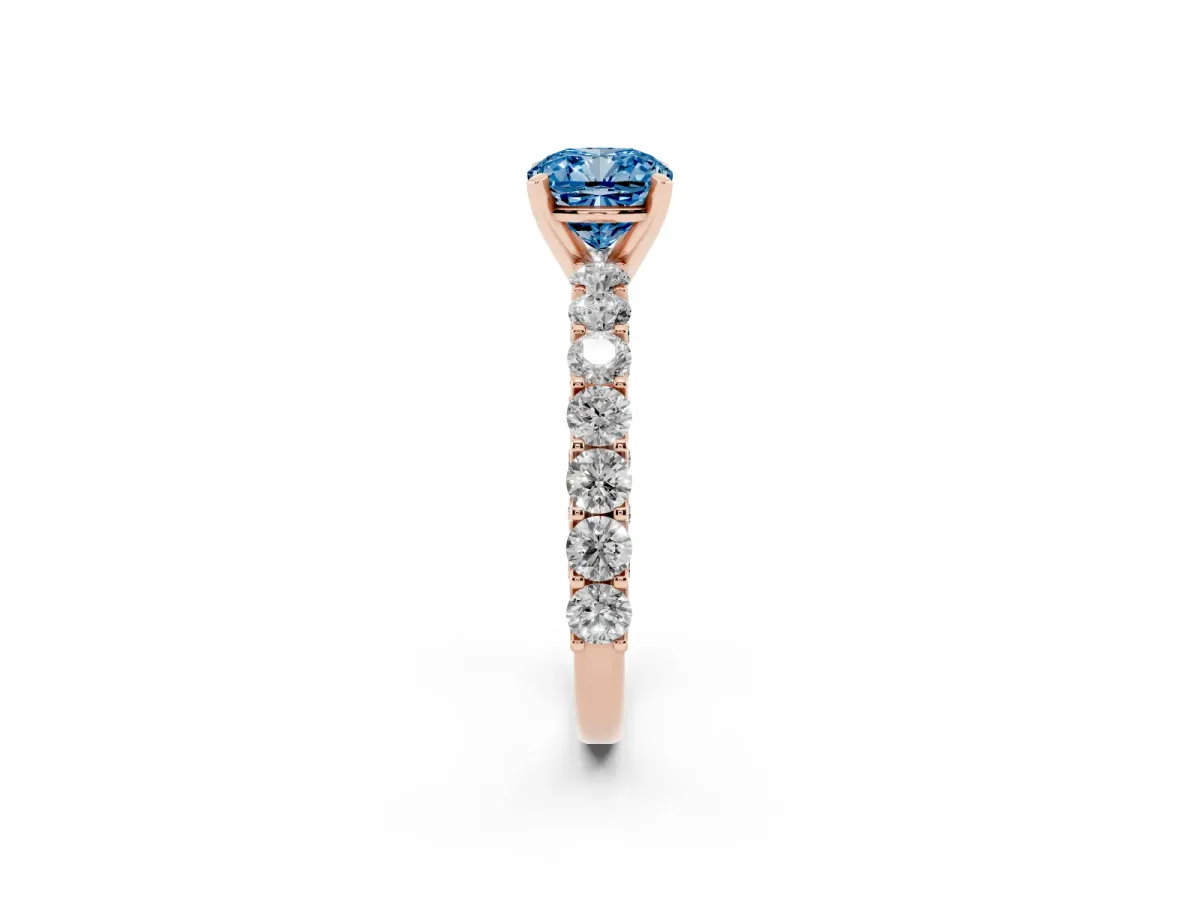 Fancy Blue Cushion Cut Diamond Solitaire Ring with Shared Prong Pavé Band and Four-Prong Setting Rose gold
