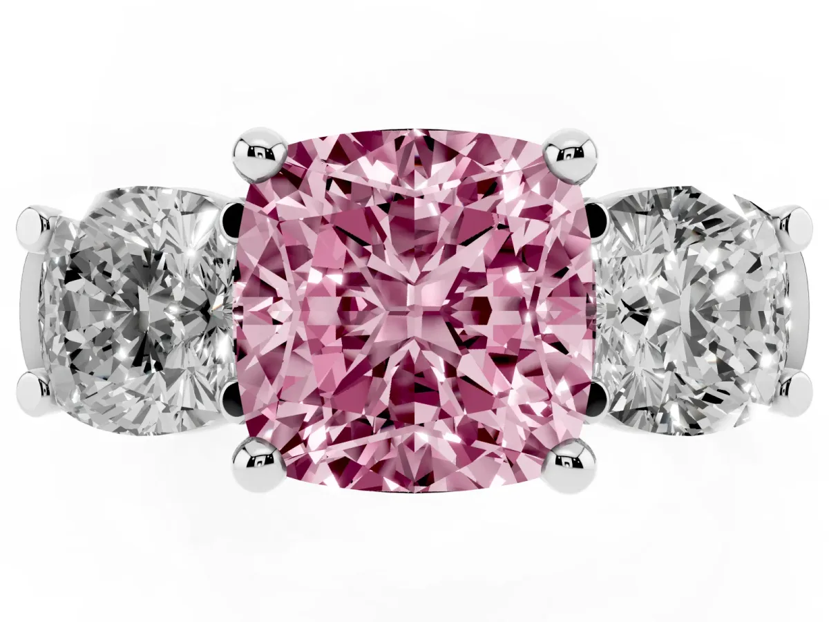Fancy Pink Three-Stone Cushion Cut Brilliant Diamond Trellis Ring with Comfort Fit Band Platinum