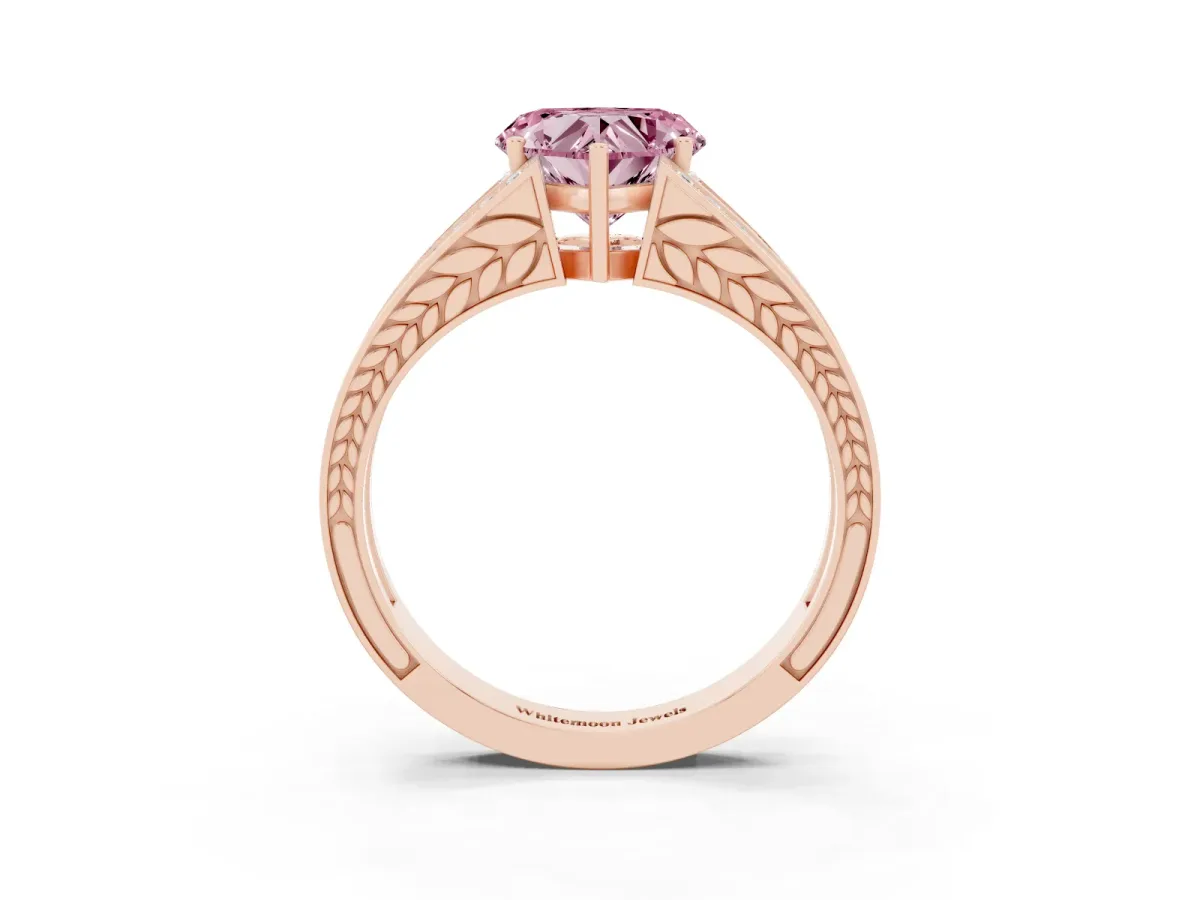 Fancy Pink Heart Cut Diamond Split Shank Ring with Pavé Band and Four-Prong Setting Rose gold