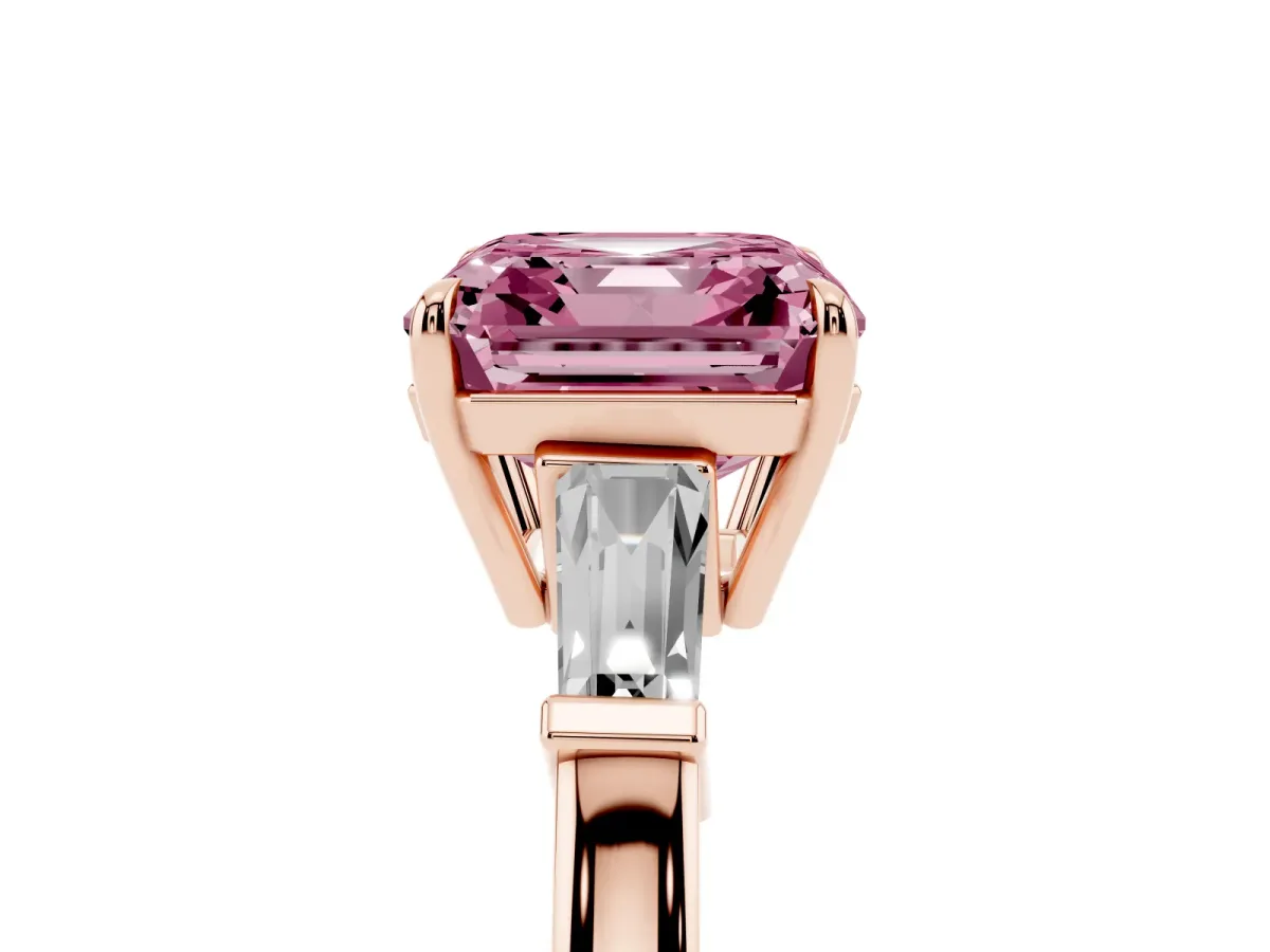 Fancy Pink Asscher Cut Diamond Three-Stone Ring with Tapered Baguette Side Stones and Prong Setting Rose gold