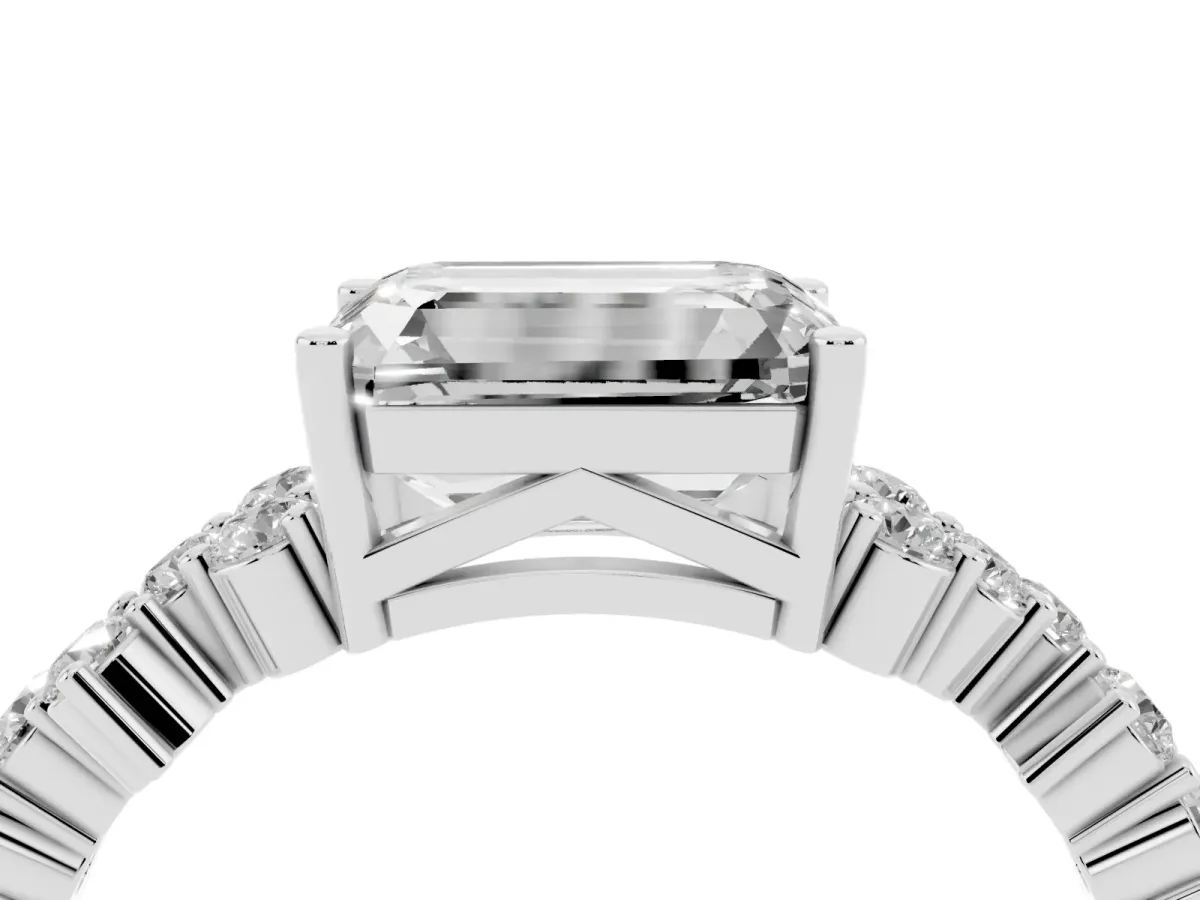 Emerald Cut Diamond Scattered Round Accent Ring with Prong Setting White gold