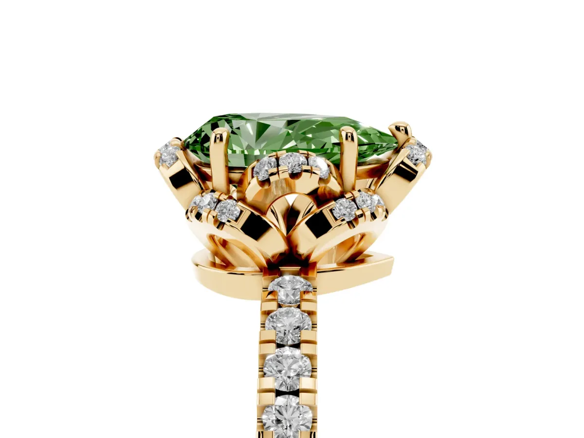 Fancy Green Pear Cut Halo Diamond Pave Band Ring with Four-Prong Setting Yellow gold