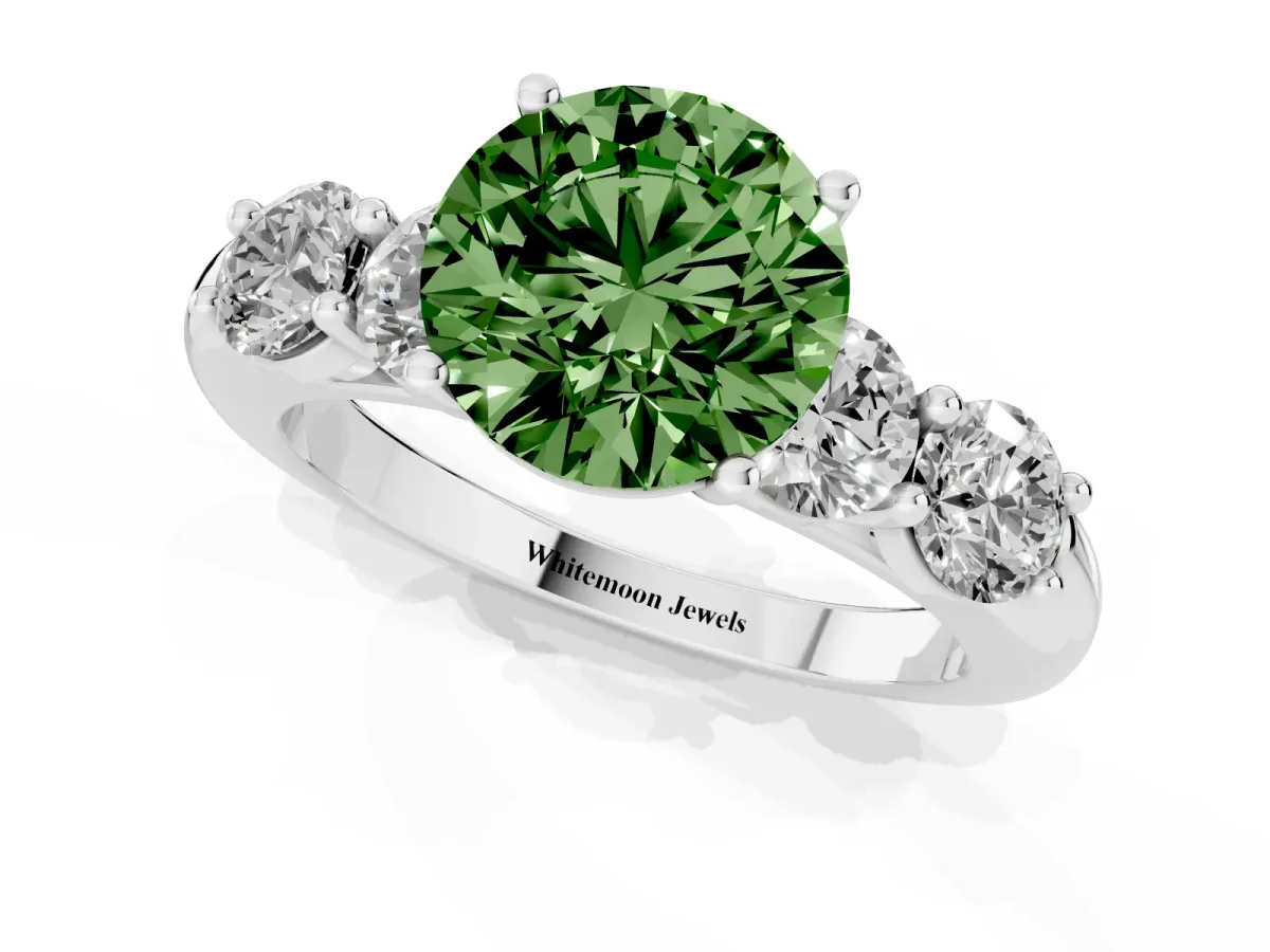 Fancy Green Round Cut Cut Five-Stone Prong Set Diamond Ring with Classic Band Platinum