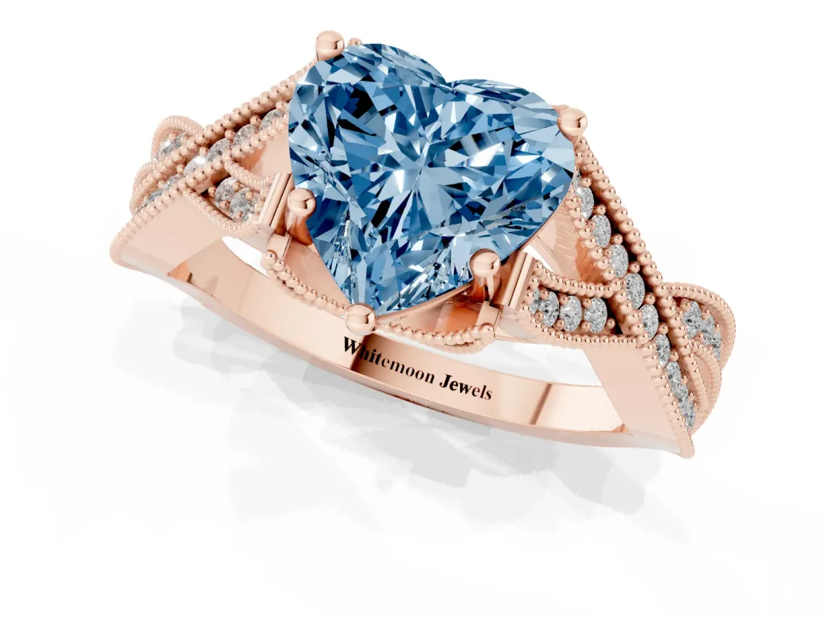 Fancy Blue Heart Cut Cut Diamond Twisted Band with Milgrain Pave Setting and Four-Prong Setting Rose gold
