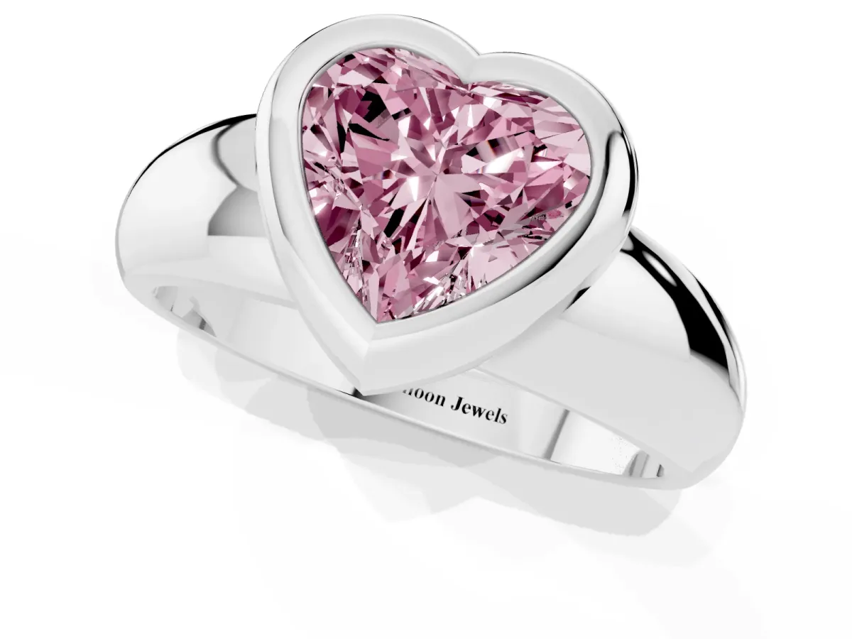 Fancy Pink Bezel Set Heart Cut Solitaire Ring with Wide Band Platinum