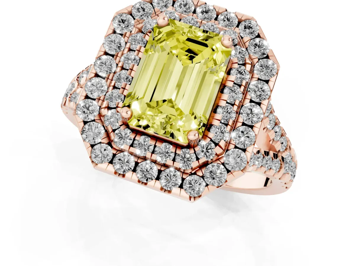 Fancy Yellow Double Halo Emerald Cut Diamond Pavé Split Shank Ring with Prong Setting Rose gold