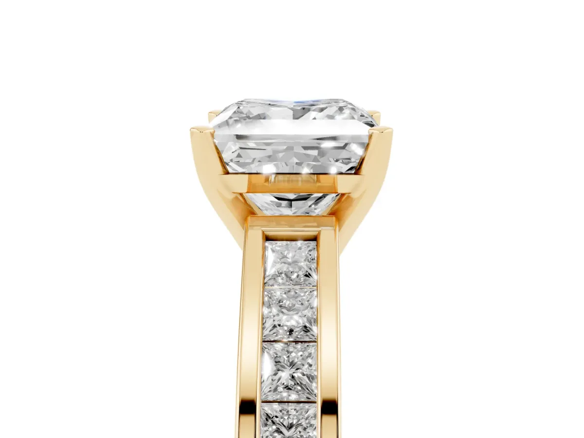 Princess Cut Solitaire Diamond Ring with Channel-Set Band and Four-Prong Setting Yellow gold