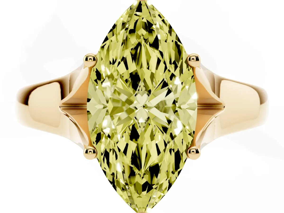 Fancy Yellow Marquise Cut Solitaire Diamond Ring with Cathedral Band and Four-Prong Setting Yellow gold