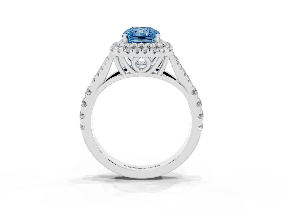 Fancy Blue Double Halo Radiant Cut Diamond Split Shank Engagement Ring with Four-Prong Setting Platinum