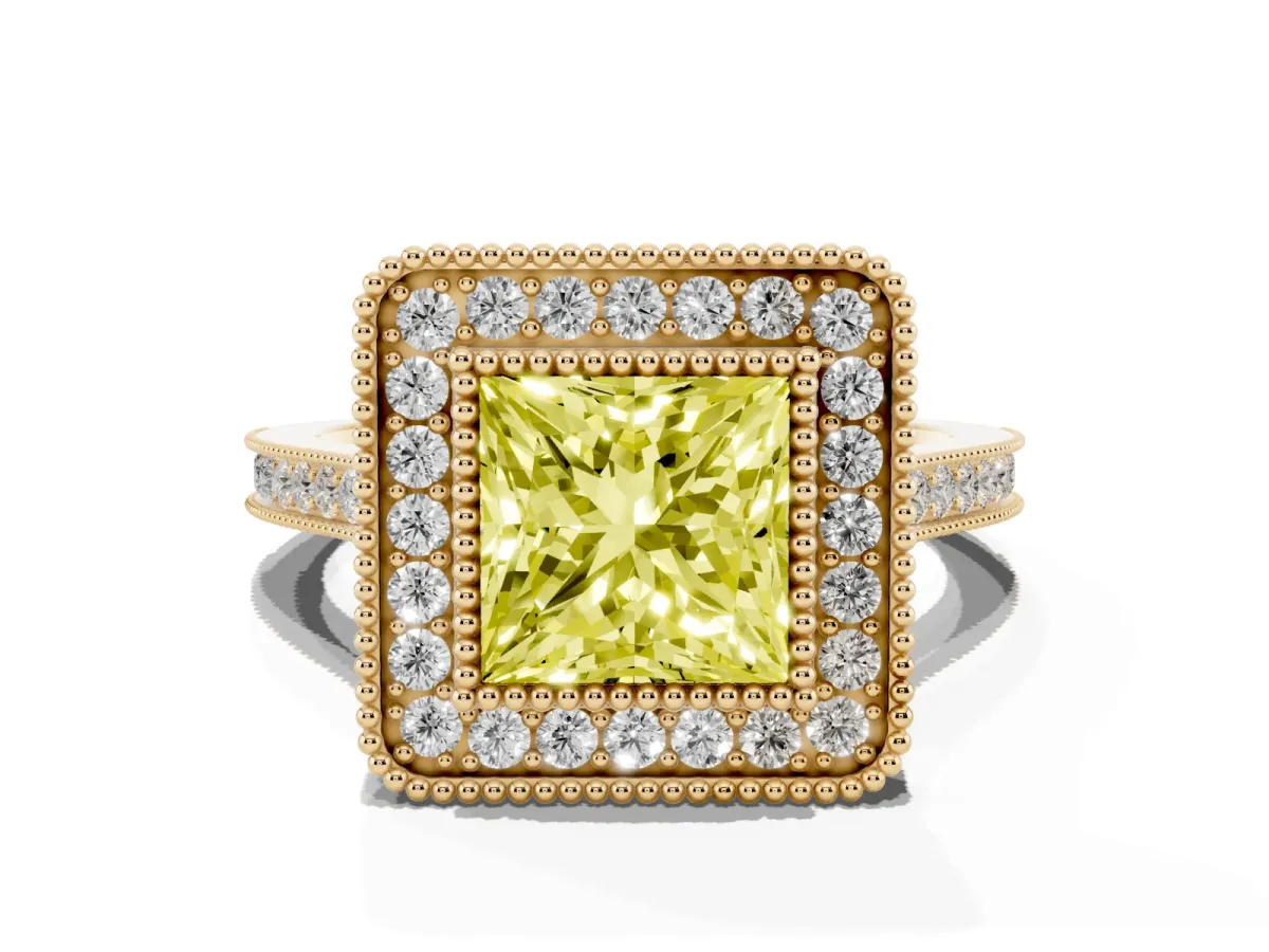 Fancy Yellow Princess Cut Diamond Halo Ring with Milgrain Frame and Pavé Band Yellow gold