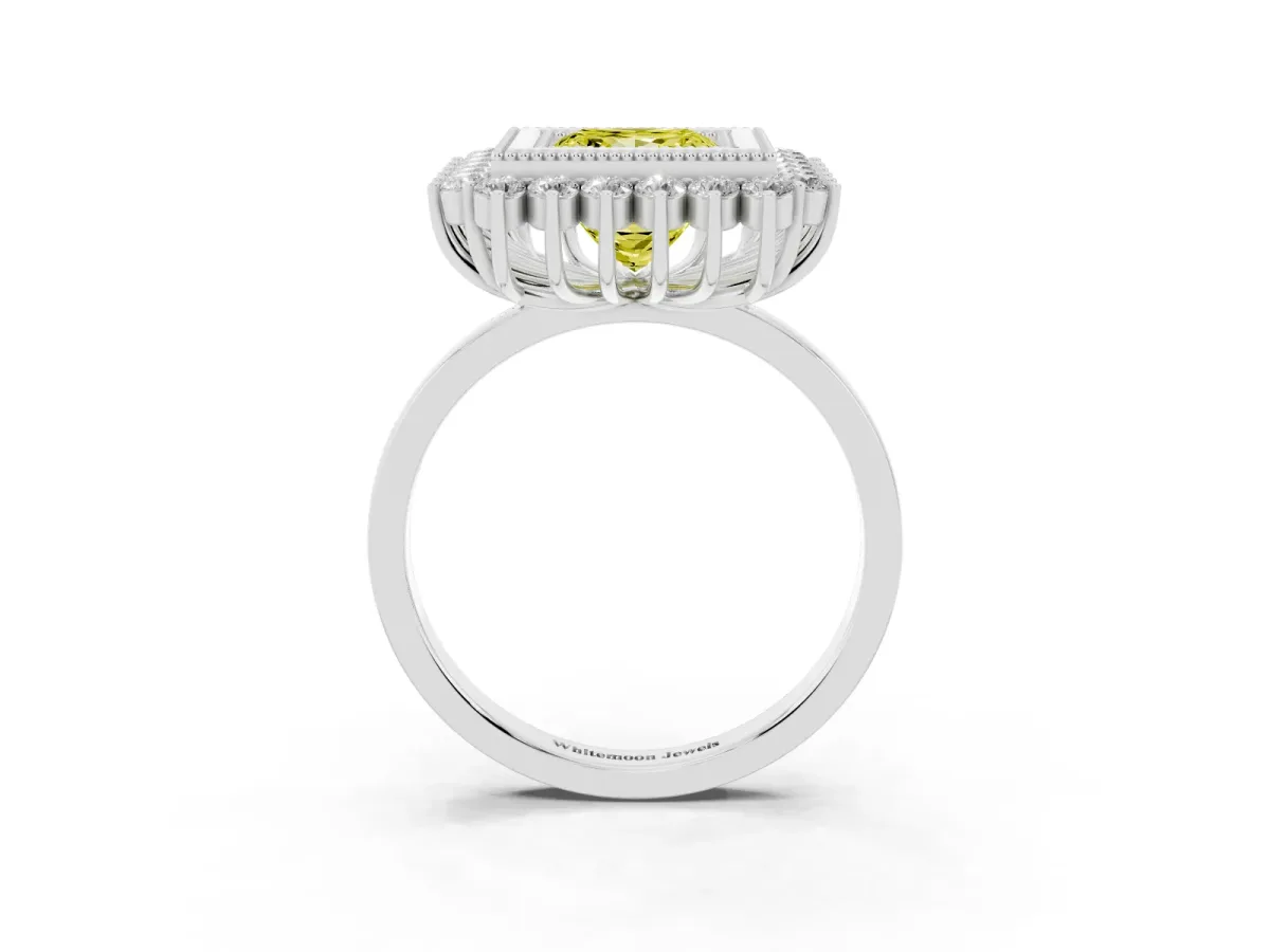 Fancy Yellow Princess Cut Halo Diamond Ring with Milgrain Edge and Round Prong Setting Silver