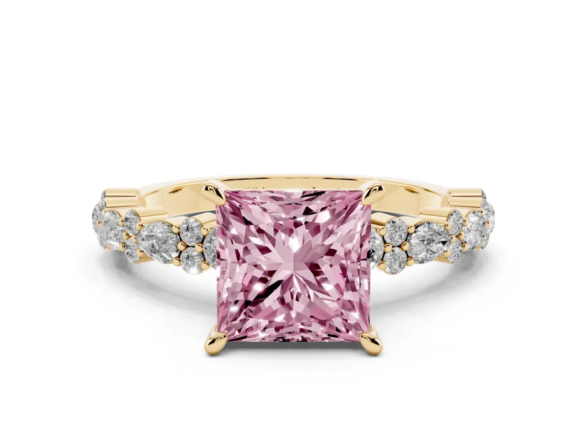 Fancy Pink Princess Cut Diamond Side Stone Solitaire Ring with Round and Four-Prong Setting Yellow gold