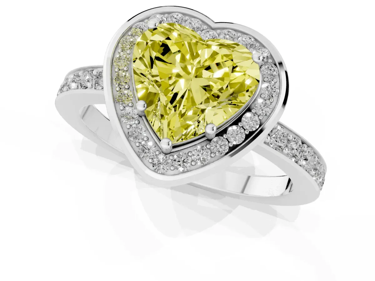 Fancy Yellow Heart Cut Diamond Halo Ring with Bezel Frame and Pavé Band Silver