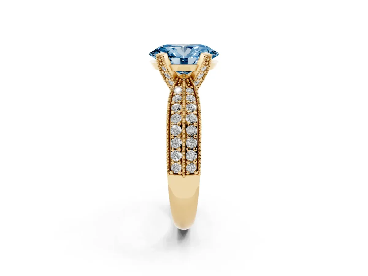 Fancy Blue Oval Cut Diamond Solitaire Ring with Milgrain Round Pavé Band and Prong Setting Yellow gold