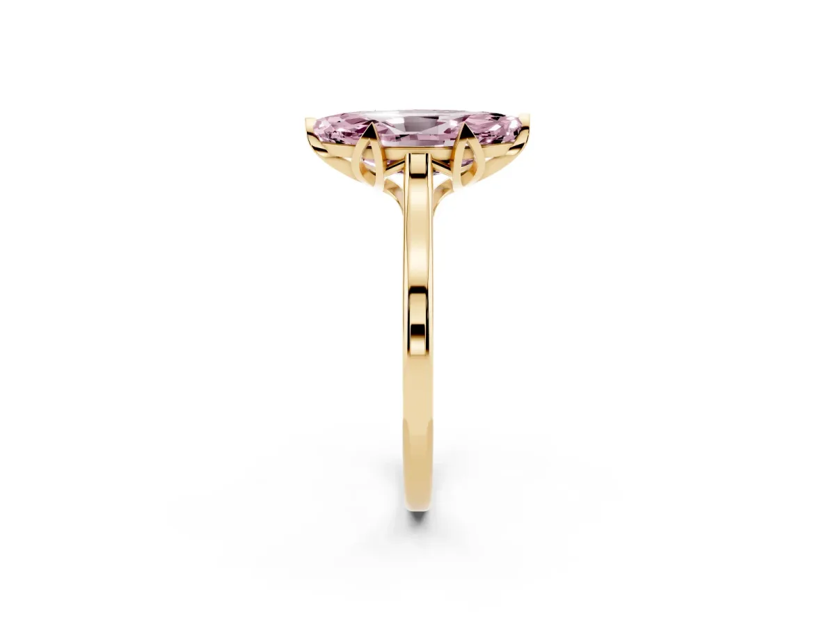 Fancy Pink Marquise Cut Diamond Solitaire Ring with Flower Prong Setting and Classic Band Yellow gold