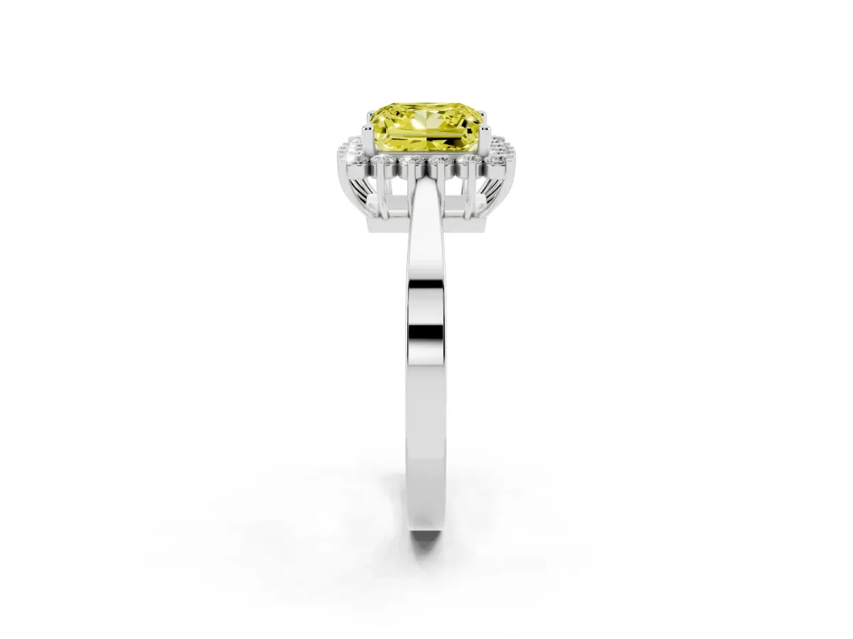 Fancy Yellow Princess Cut Cut Diamond Halo Ring with Round Brilliant Halo and Solitaire Band Silver