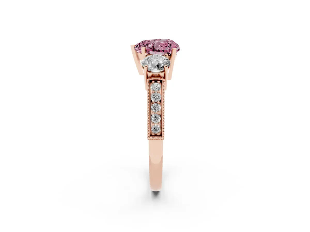 Fancy Pink Heart Cut Three-Stone Diamond Ring with Pavé Band and Four-Prong Setting Rose gold