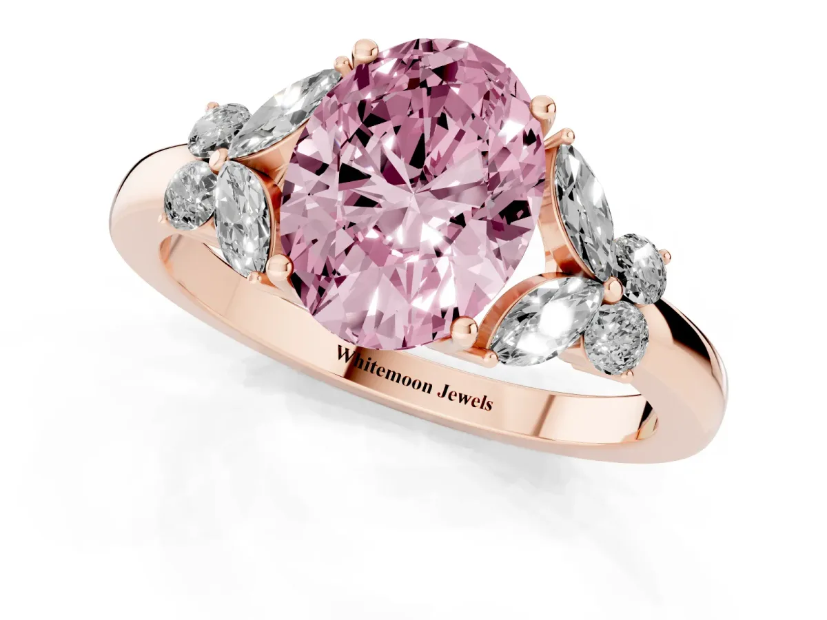 Fancy Pink Oval Cut Cut Solitaire Floral Diamond Ring with Four-Prong Setting Rose gold