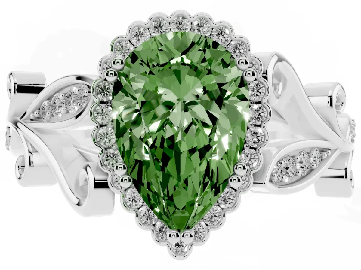 Fancy Green Pear Cut Diamond Halo Ring with Vintage Split Shank and Four-Prong Setting Silver
