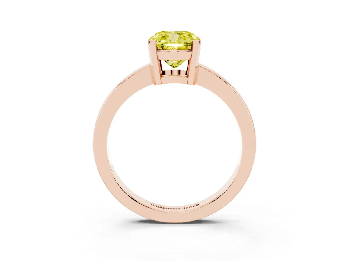 Fancy Yellow Cushion Cut Cut Solitaire Ring with Four-Prong Setting and Classic Band Rose gold