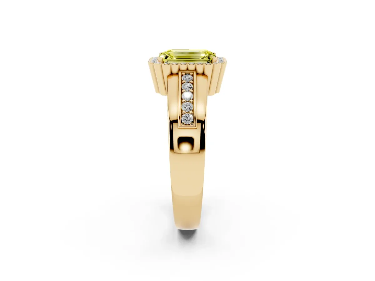 Fancy Yellow Emerald Cut Cut Halo Pave Band Four-Prong Ring Yellow gold