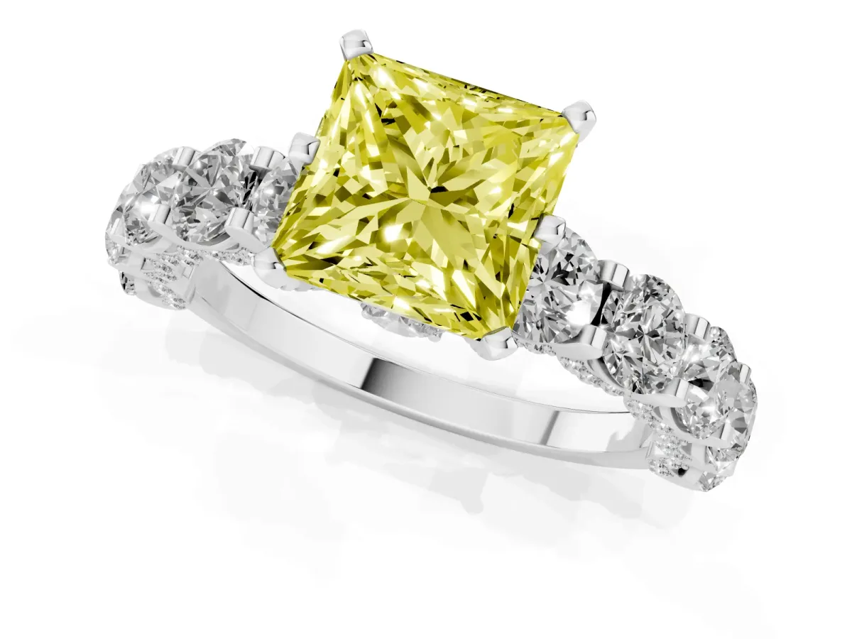 Fancy Yellow Princess Cut Diamond Side Stone Engagement Ring with Four-Prong Setting Platinum