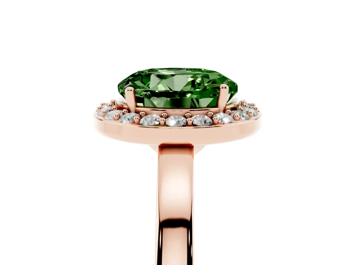 Fancy Green Round Cut Halo Diamond Ring with Solitaire Band and Prong Setting Rose gold