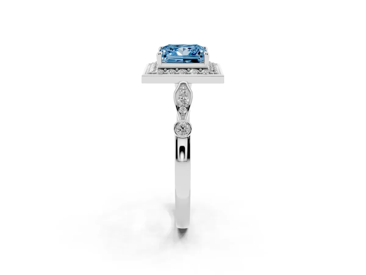 Fancy Blue Princess Cut Halo Diamond Engagement Ring with Twisted Band and Four-Prong Setting Platinum