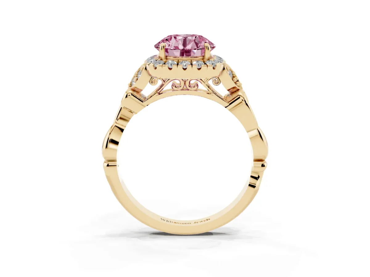 Fancy Pink Round Cut Halo Diamond Engagement Ring with Vintage-Inspired Band and Four-Prong Setting Yellow gold