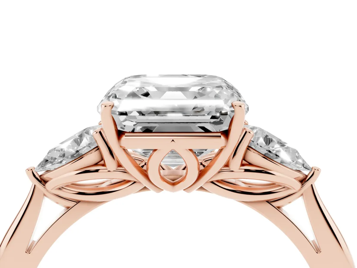 Asscher Cut Diamond Three-Stone Ring with Pear Side Stones and Prong Setting Rose gold