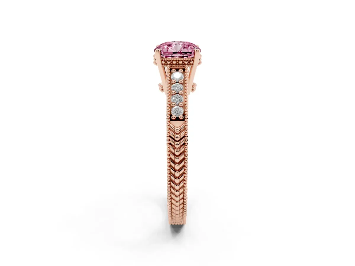 Fancy Pink Cushion Cut Solitaire Pavé Diamond Milgrain Engagement Ring with Four-Prong Setting Rose gold
