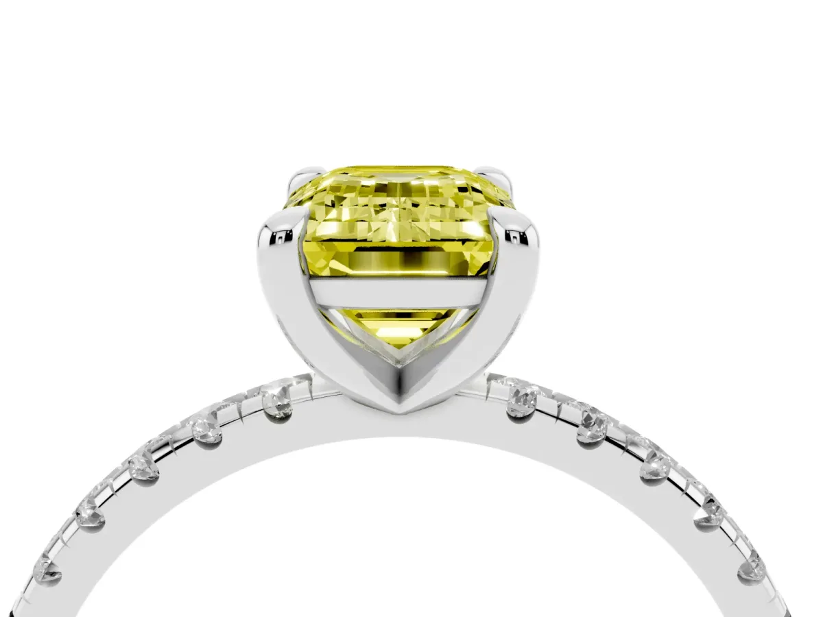 Fancy Yellow Emerald Cut Diamond Brilliant Solitaire Ring with Pavé Band and Four-Prong Setting White gold