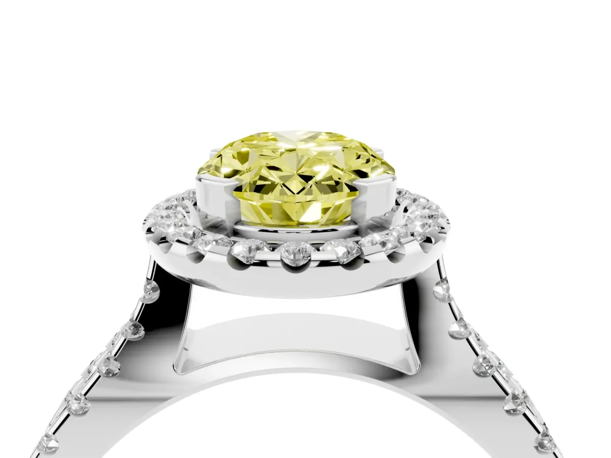 Fancy Yellow Oval Cut Diamond Halo Ring with Split Shank Pavé Band and Prong Setting Silver