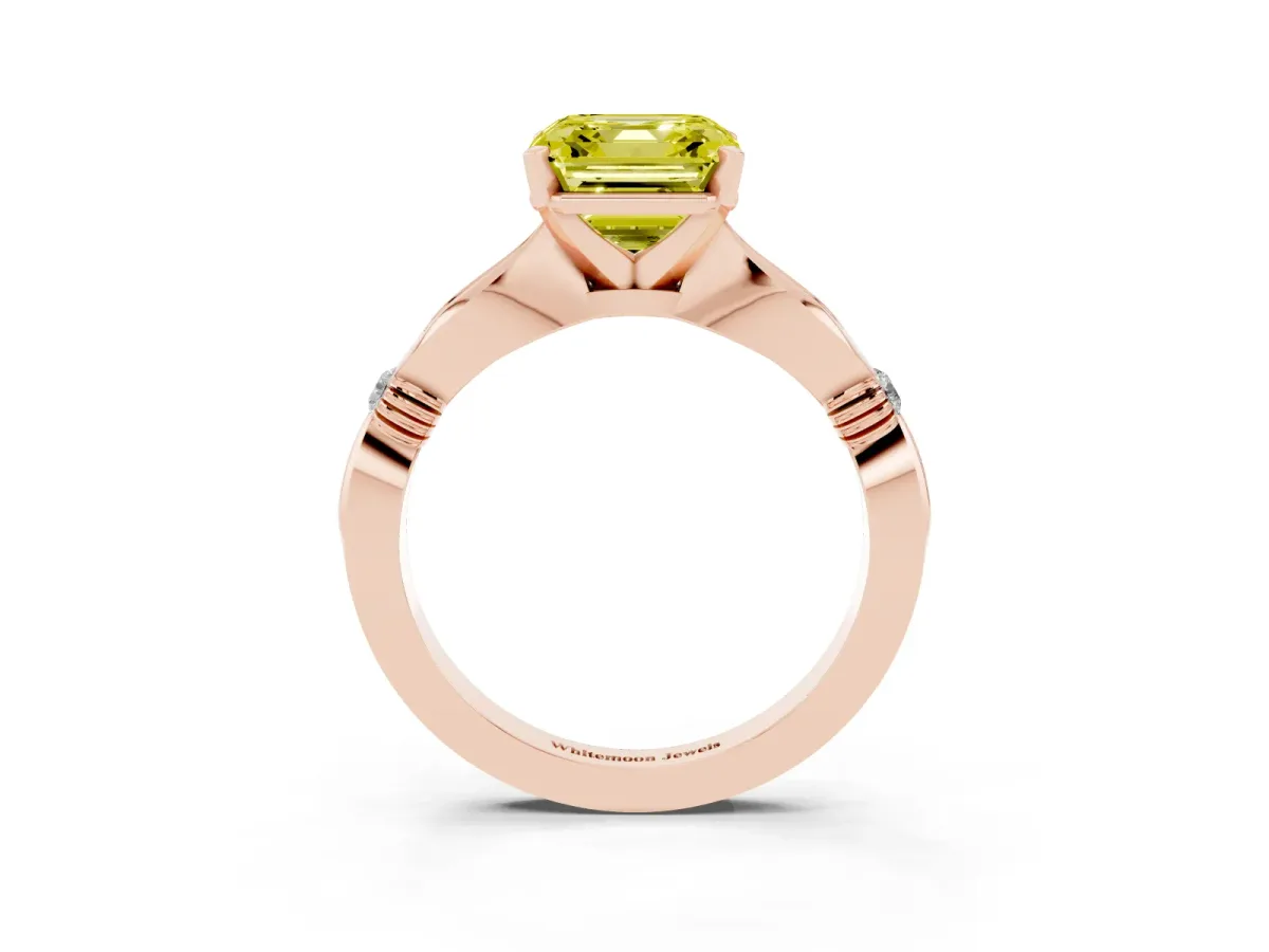 Fancy Yellow Asscher Cut Solitaire Diamond Twisted Band with Four-Prong Setting Rose gold