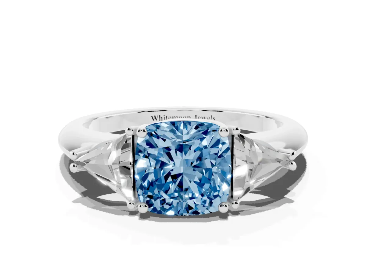 Fancy Blue Three-Stone Cushion Cut Diamond Engagement Ring with Trillion Side Stones and Prong Setting Silver