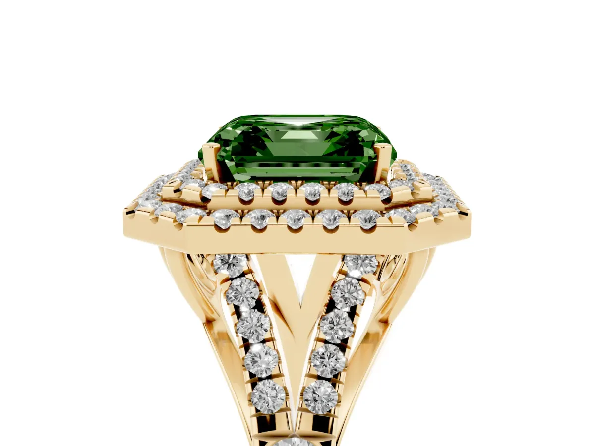 Fancy Green Asscher Cut Diamond Pavé Split Shank Double Halo Engagement Ring Yellow gold