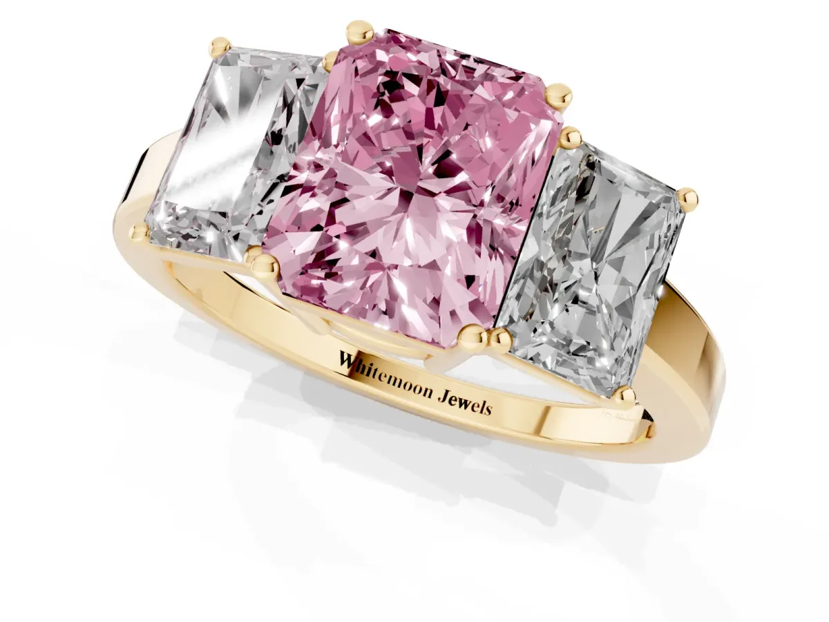 Fancy Pink Three-Stone Radiant Cut Cut Diamond Engagement Ring with Flat Band and Four-Prong Setting Yellow gold