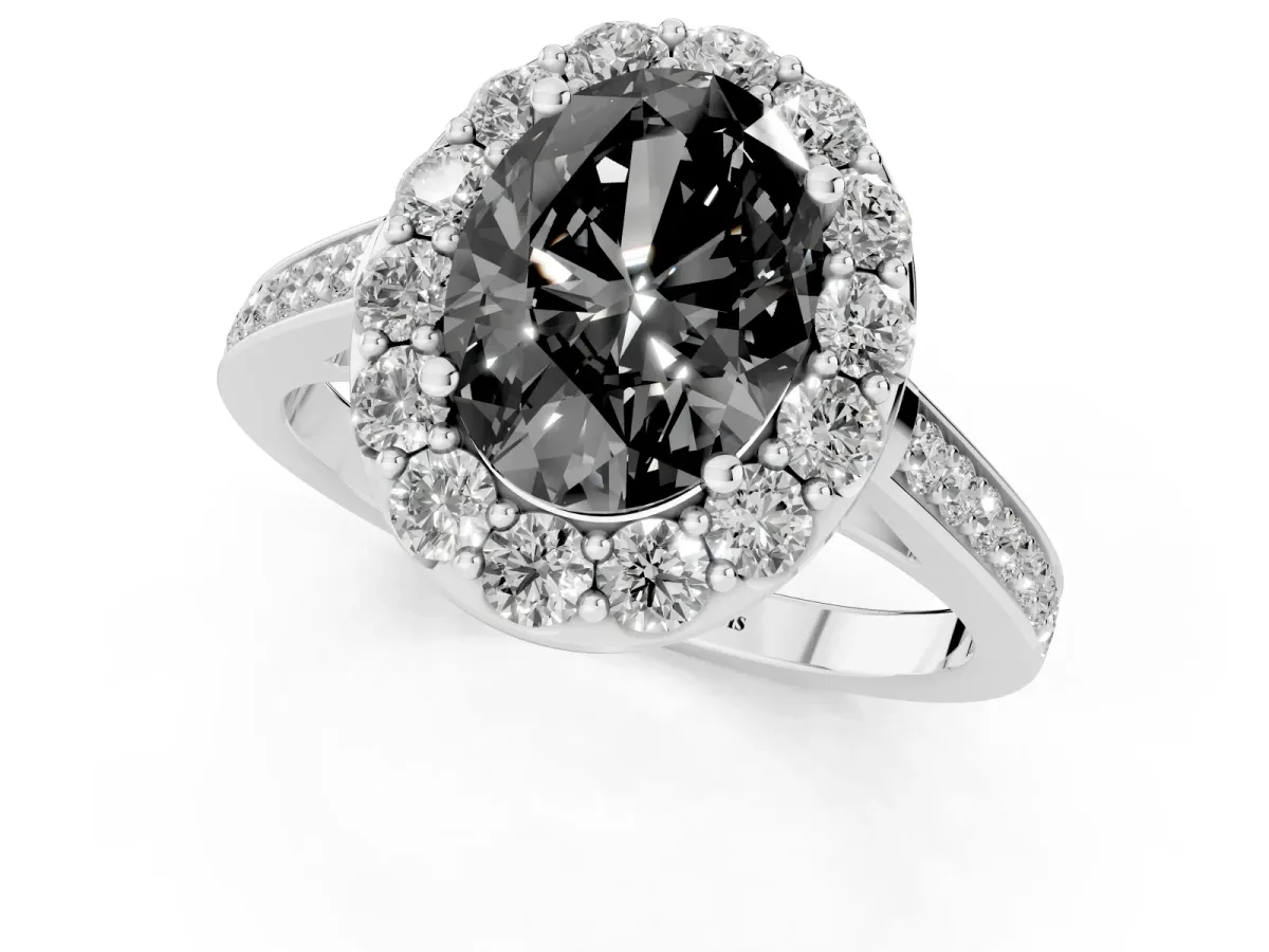 Fancy Black Oval Cut Diamond Floral Halo Ring with Pavé Band and Prong Setting White gold