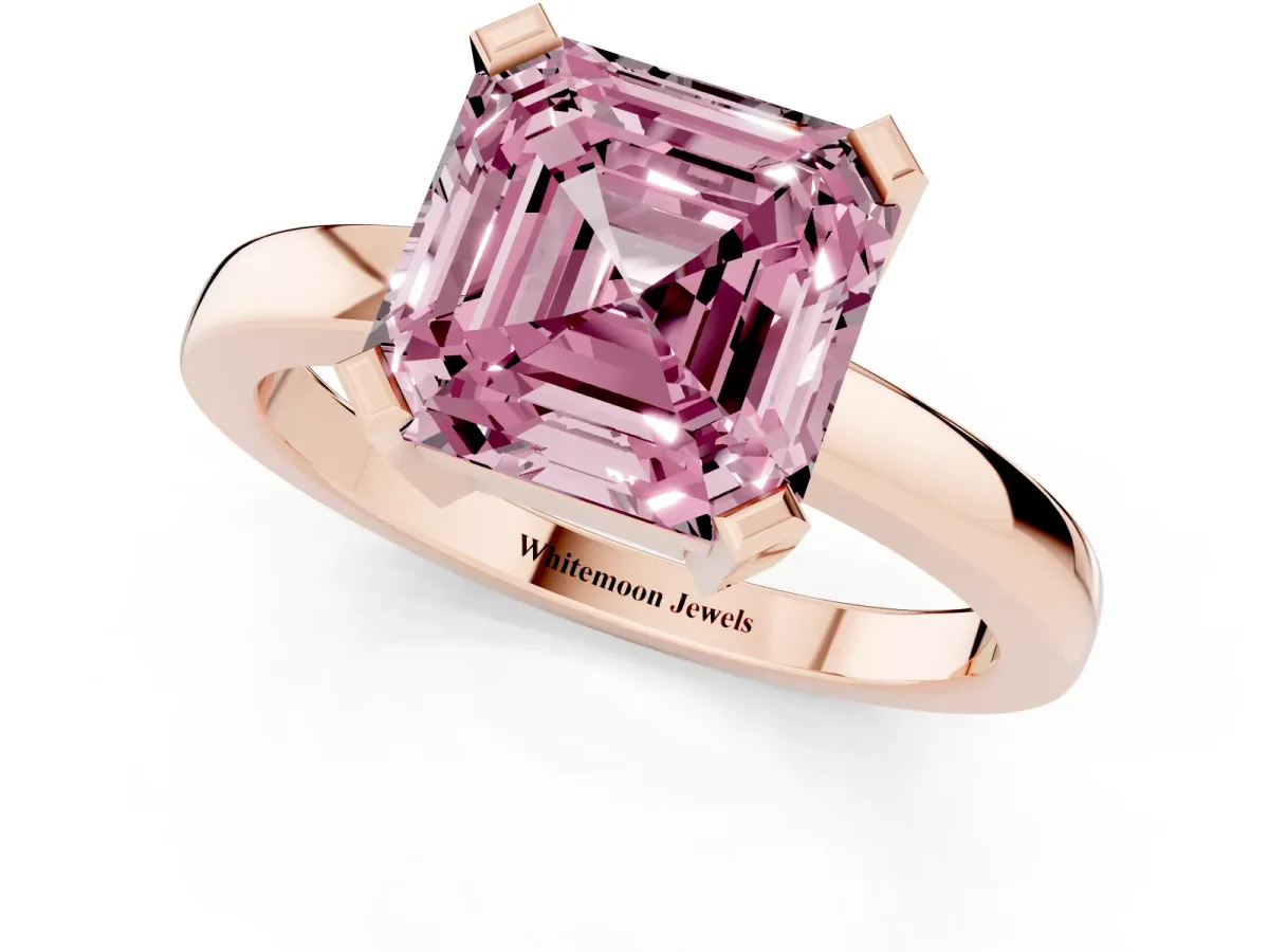 Fancy Pink Asscher Cut Cut Solitaire Ring with Four-Prong Setting and Classic Band Rose gold