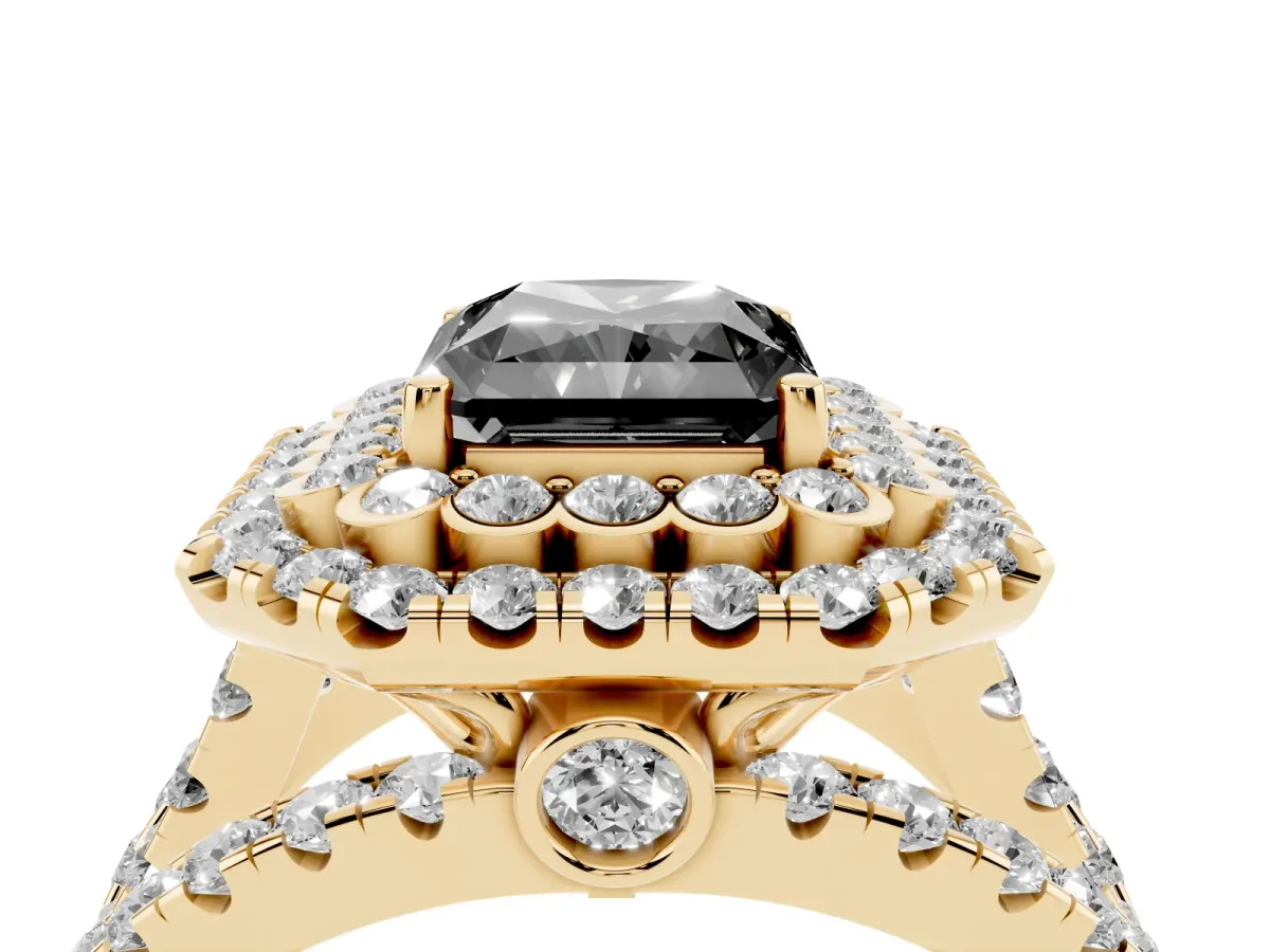 Fancy Black Radiant Cut Diamond Double Halo Ring with Round Pavé Split Shank and Prong Setting Yellow gold