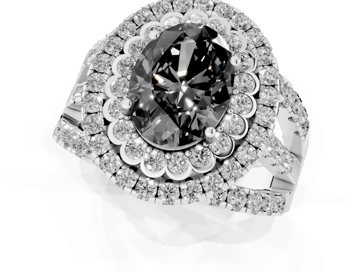 Fancy Black Oval Cut Diamond Double Halo Ring with Round Pavé Split Shank and Prong Setting Silver