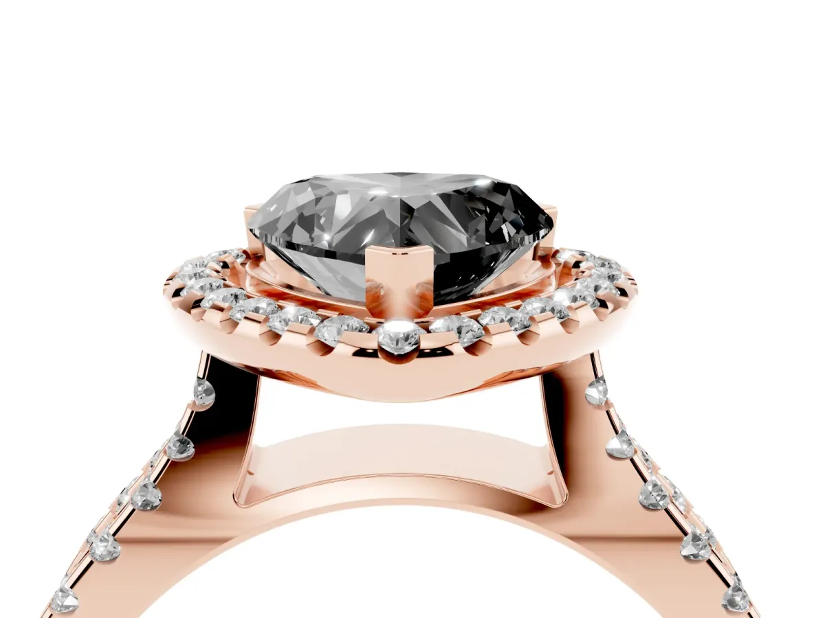 Fancy Black Heart Cut Diamond Halo Ring with Split Shank Pavé Band and Prong Setting Rose gold