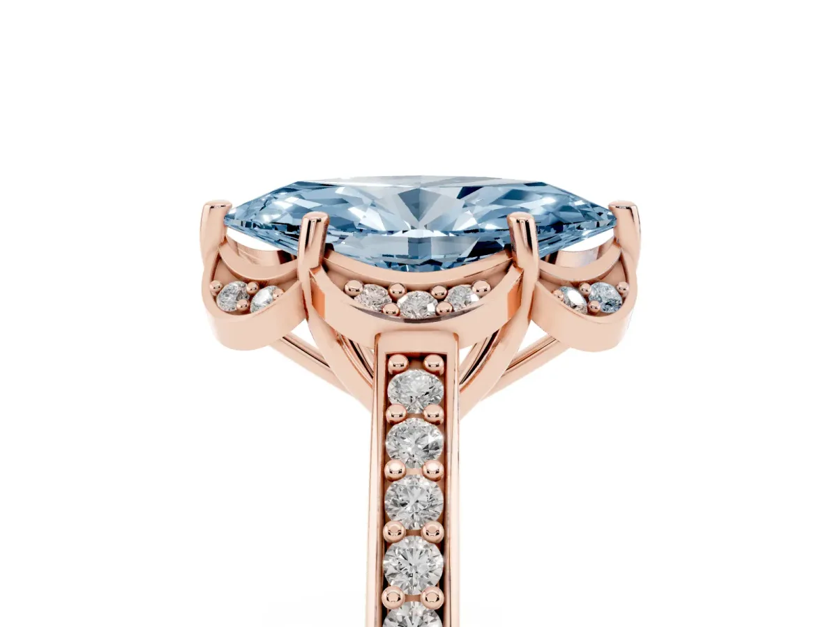 Fancy Blue Marquise Cut Cut Halo Diamond Ring with Channel Set Band and Four-Prong Setting Rose gold