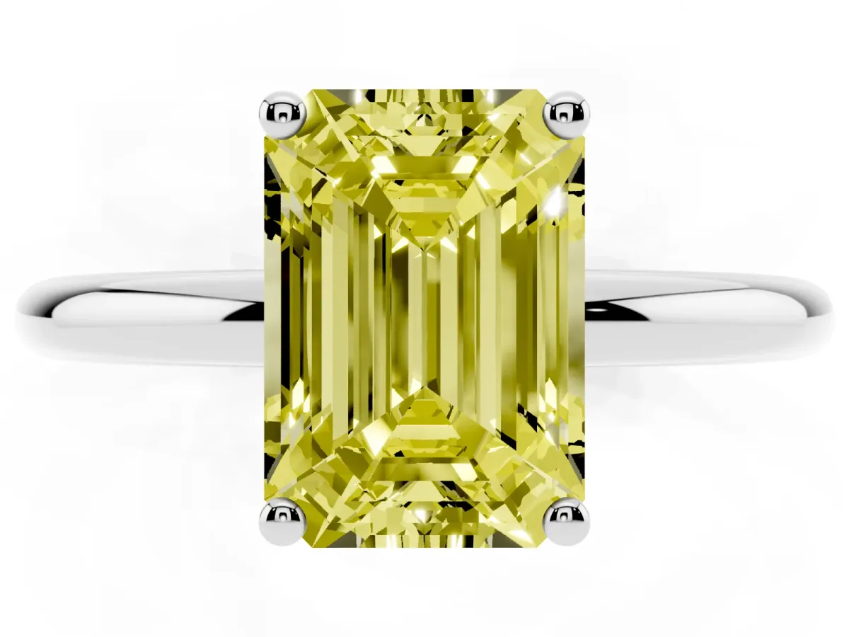 Fancy Yellow Emerald Cut Cut Solitaire Engagement Ring with Four-Prong Setting and Classic Band Silver