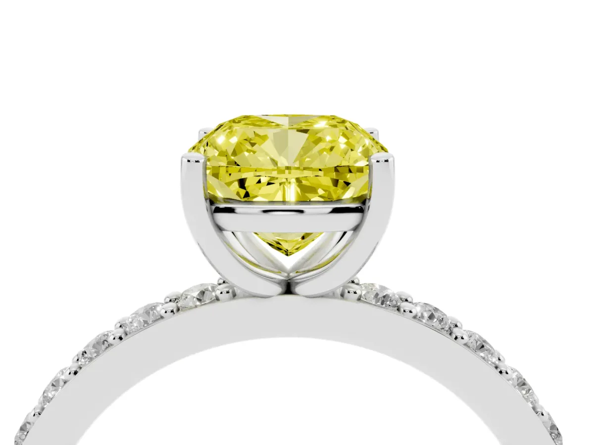 Fancy Yellow Cushion Cut Cut Diamond Solitaire with Pave Band and Four-Prong Setting Silver